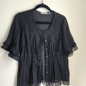 NY Collection Black Button-Down Blouse with Lace